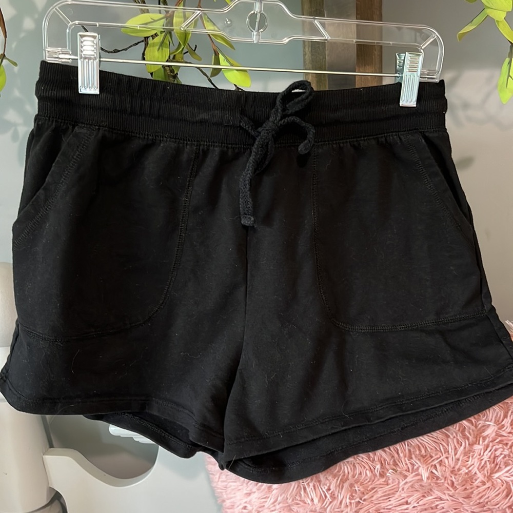 Black Knit Shorts Elastic Drawstring Waist Comfy Cotton